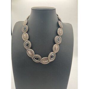 Vintage Style Silver Concho Necklace Black Accents Western Boho Statement
